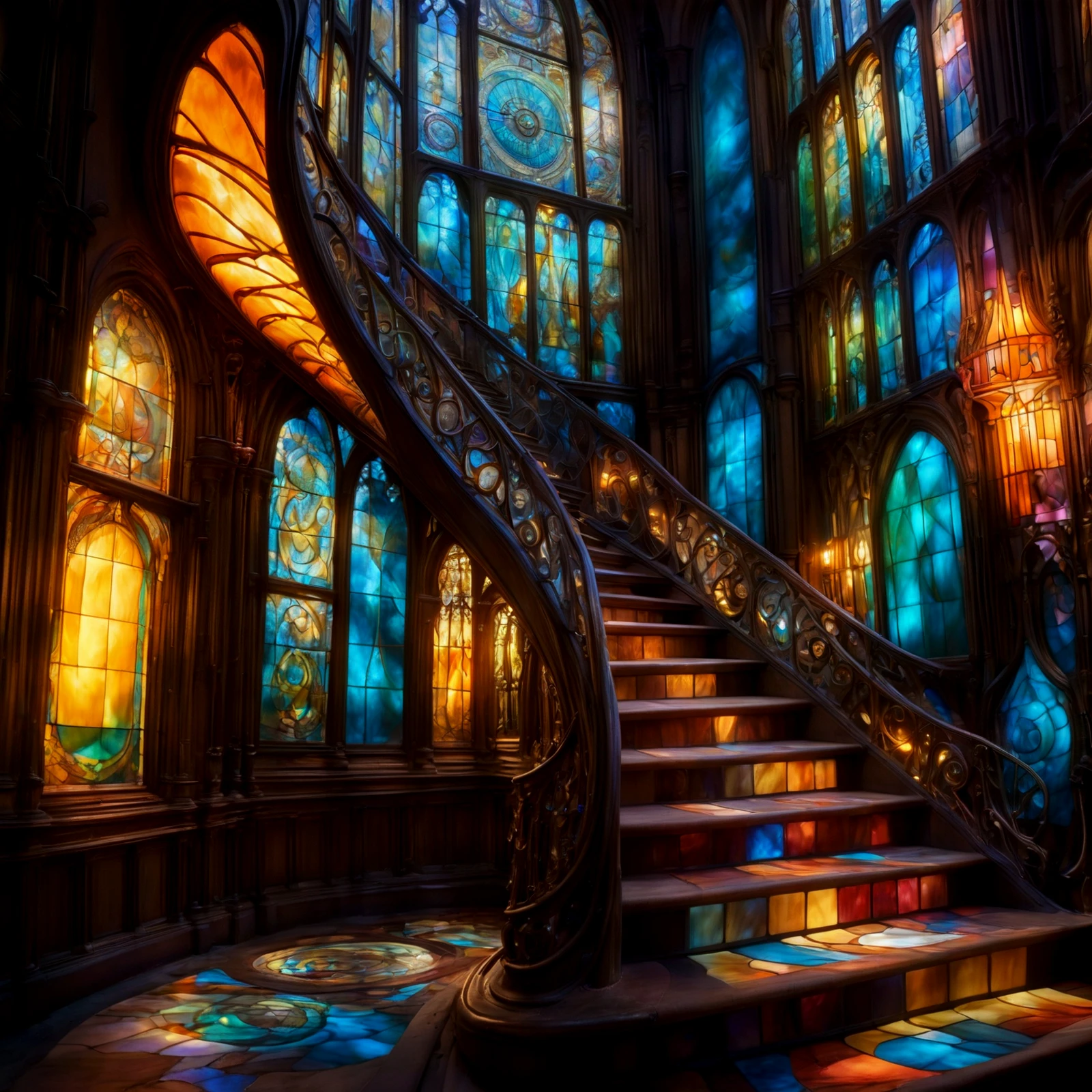 Curving stairs, stained glass, glowing lamps.

Atmospheric.

<lora:WhimsyLondon2_CE_SDXL:0.85> WhimLonCE