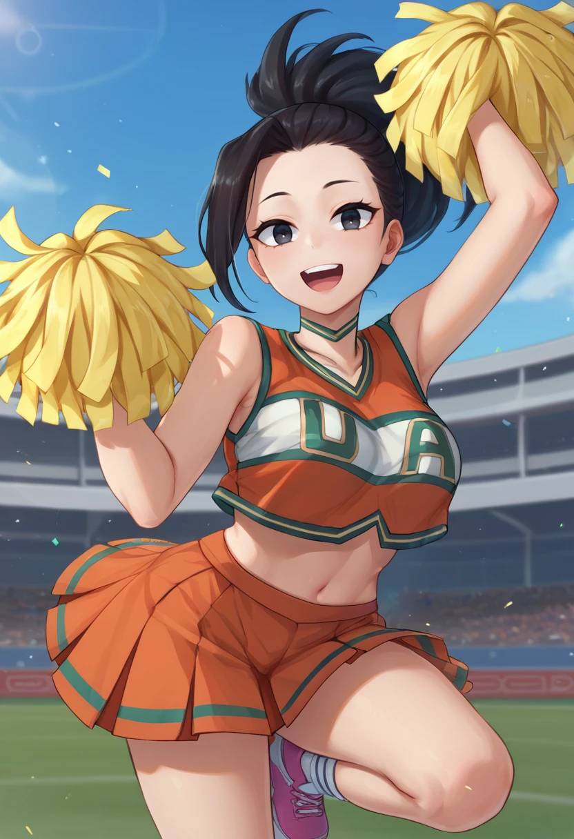 score_9, score_8_up, score_7_up, source_anime, solo, 1girl, ya0yorozucheer, happy, looking at viewer, upper teeth, standing on one leg, ponytail, black eyes, cheerleader, orange shirt, sleeveless, crop top, pom pom \(cheerleading\), orange skirt, bare shoulders, midriff, outdoors, stadium, confetti <lora:mha_yaoyorozu_ponyXL:1>