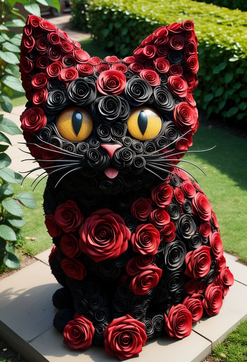 BL4CKR3DR0S3S, a cute cat is made entirely from black and red roses, detailed face, (big eyes:0.9), detailed eyes, (smile:1.1), long eye lashes, located in a garden