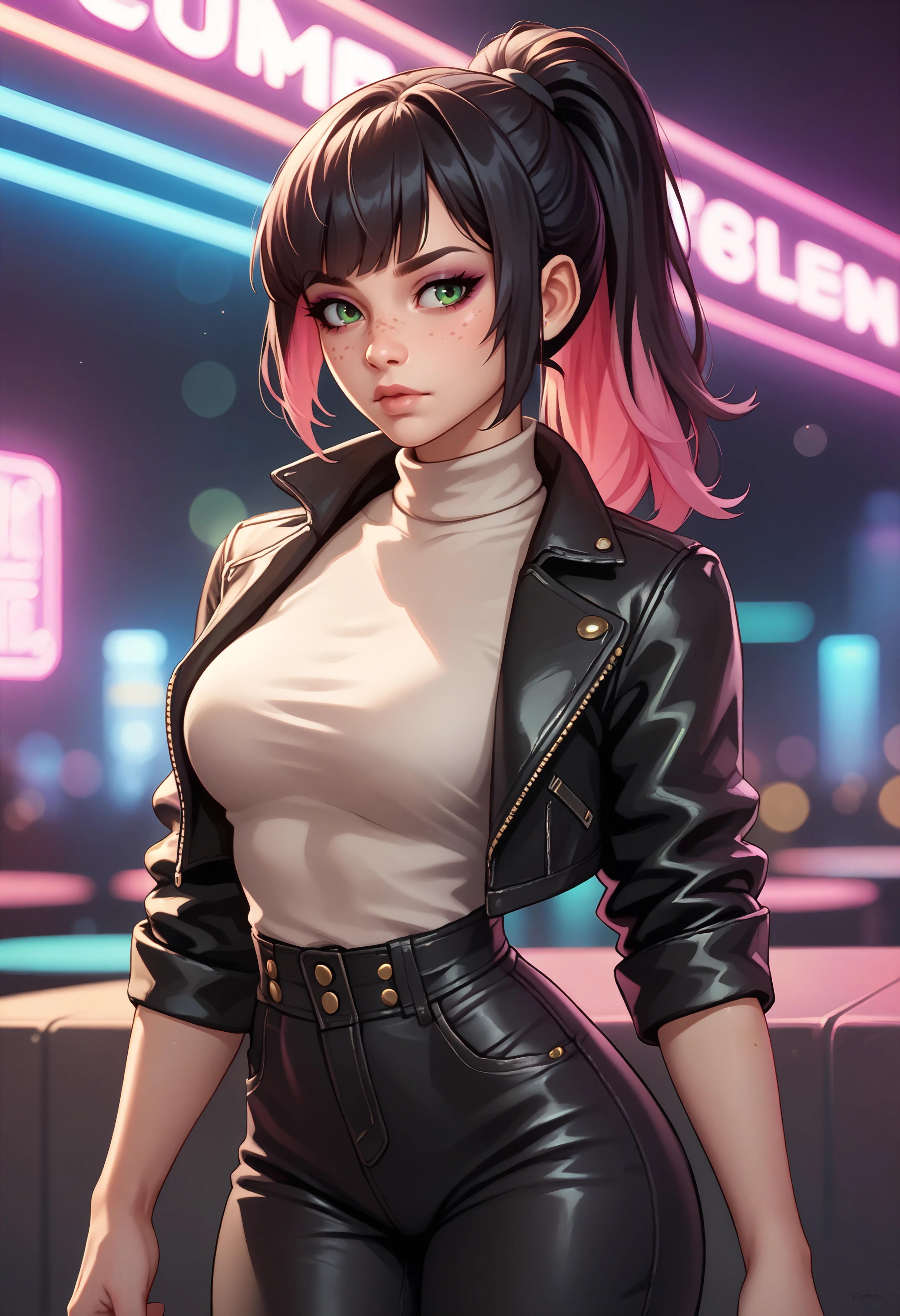 score_9, score_8_up, score_7_up BREAK solo, 1girl, cowboy shot, nightclub, neon lights, bokeh, depth of field, black hair, pink dyed hair, ponytail, bangs, green eyes, freckles, makeup, leather jacket, turtleneck, high waist pants