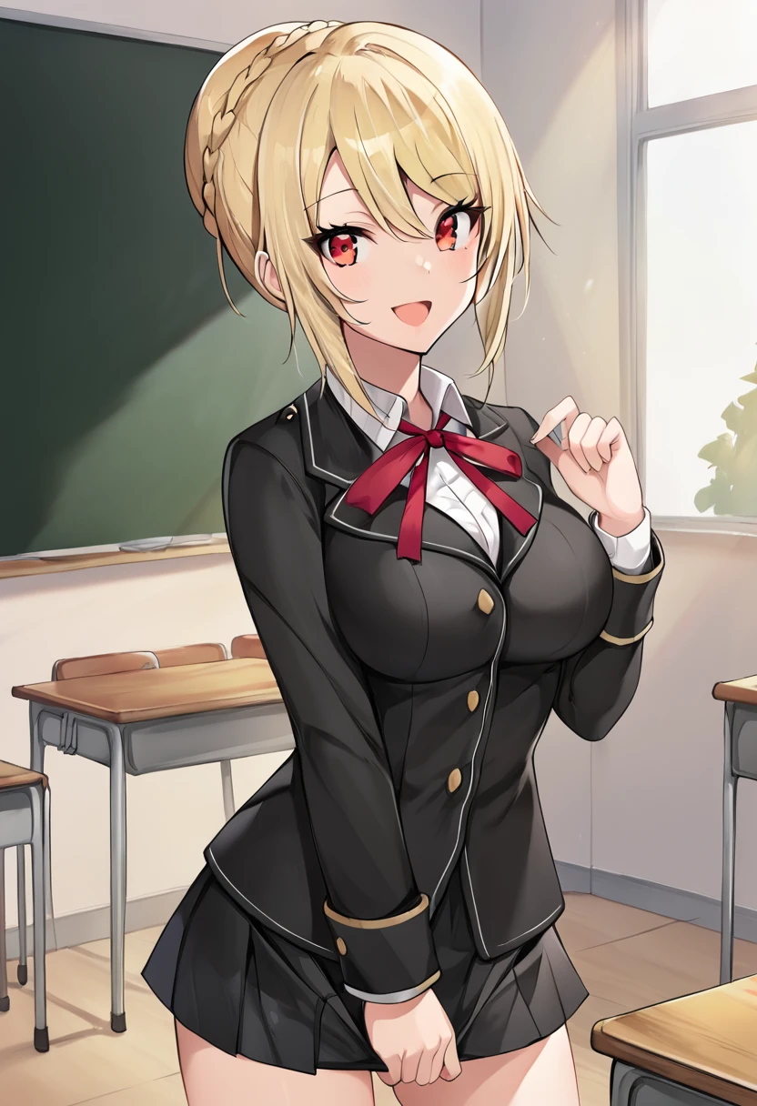 angelica_redgrave, blonde hair, red eyes, bun with braided base, braid, official art, looking at viewer, breasts, shirt, white shirt, school uniform, red ribbon, neck ribbon, ribbon, black jacket, collared shirt, red riboon , black skirt, BREAK indoors, classroom BREAK cowboy shot, looking at viewer, standing,open mouth,  happy face , dynamic pose BREAK best quality, masterpiece,score_9, score_8_up, score_7_up, perfect hand, source_anime, rating_explicit,  <lora:Angelica_Redgrave:0.8>