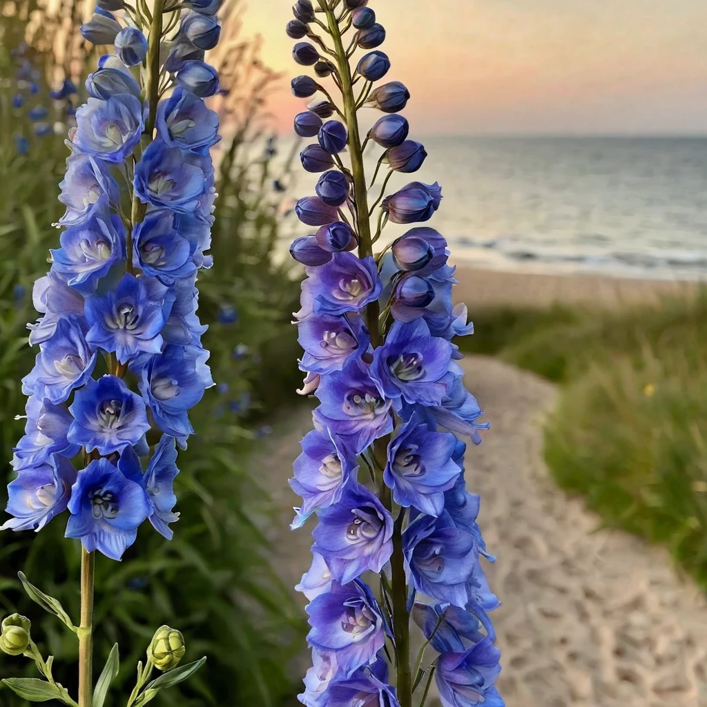 Delphinium flower with stem ingrid-elias-style beside a path to the beach depth of field  <lora:ingrid_elias_style_v2:.7>