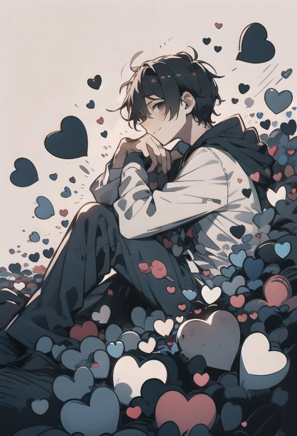 solo, 1boy, black hair, troubled face, sad, smile, sitting, black heart, dark and cute, heart pool, from side, simple background, looking at viewer, holding heart, heart shower