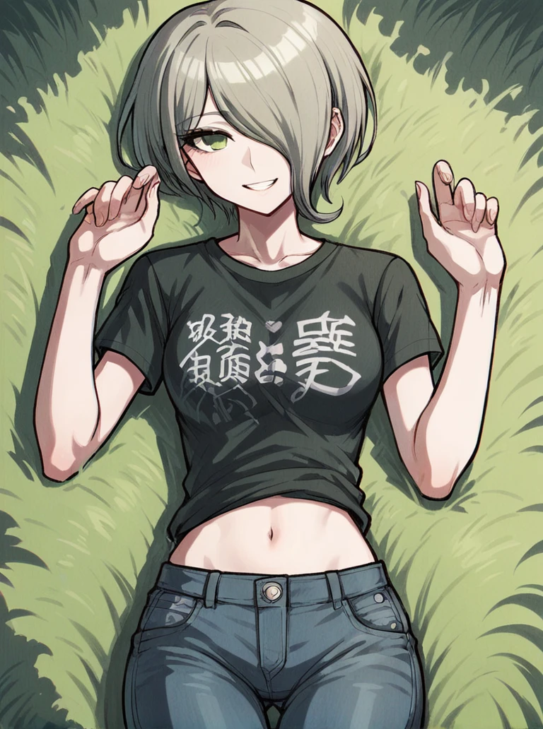 score_9, score_8_up, score_7_up, 
1girl, tojo kirumi, grey hair, hair over one eyes, short hair, green eyes,
black t-shirt, jeans, lying, on back, on grass, smile, looking at viewer,