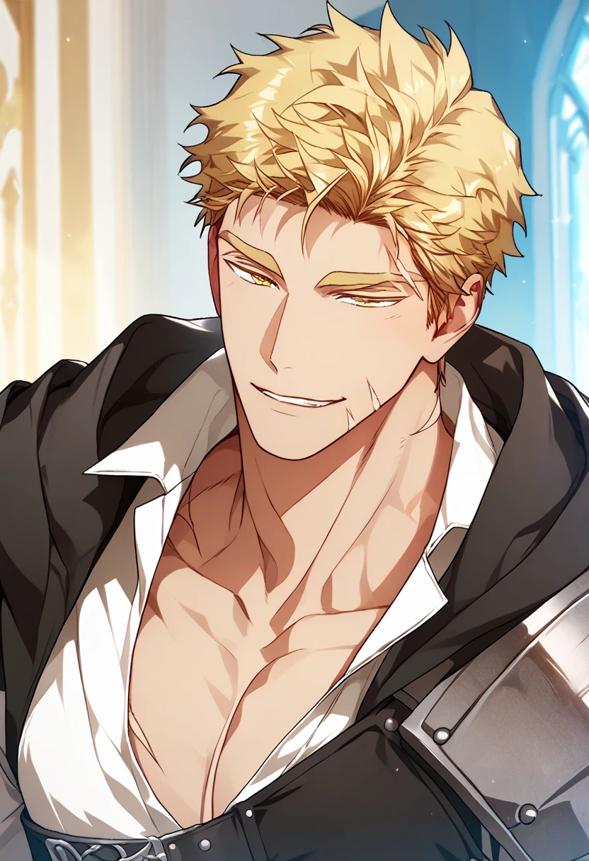 1boy, male focus,
<lora:Character - Author of My Own Destiny - Gunter:1> gunter, blonde hair, scar, yellow eyes
((zPDXL)), best quality, amazing quality, best aesthetic, absurdres, year2023, nsfw, game cg, official art, official style,  uncensored,
<lora:Style - Ecstasy_Emperess:0.45> emper3ss
castle
close up, collared white shirt, shoulder guard, pectoral cleavage, naughty face,  chest belt,