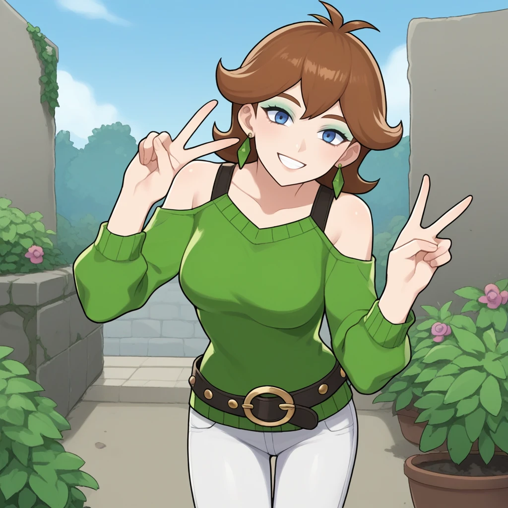 score_9, score_8_up, score_7_up, score_6_up, score_5_up, score_4_up, zPDXL2,source_anime,rating_questionable,  smile, outdoors, garden, 1girl, solo,  leaning forward, peace sign, <lora:Honey_-_Pokemon_SWSH:0.8> honey_pkmn, 1girl,blue eyes, jewelry, brown hair, earrings, flipped hair, makeup, green sweater, looking at viewer, shoulder cutout, white pants, belt