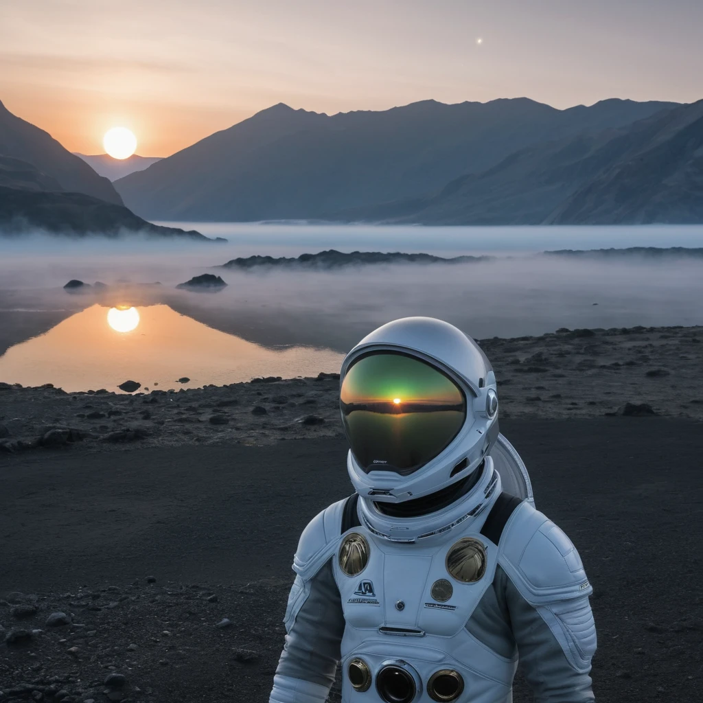 photo of an alien wearing space suite looking closely at the wiever at an angle, Background: spaceship on a planet far from sun. misty lagoon with methane lake, methane fog, small rising sun beyond the mountains, thick grey atmosphere, unrealistic view of extraterrestrial landscape, masterpiece