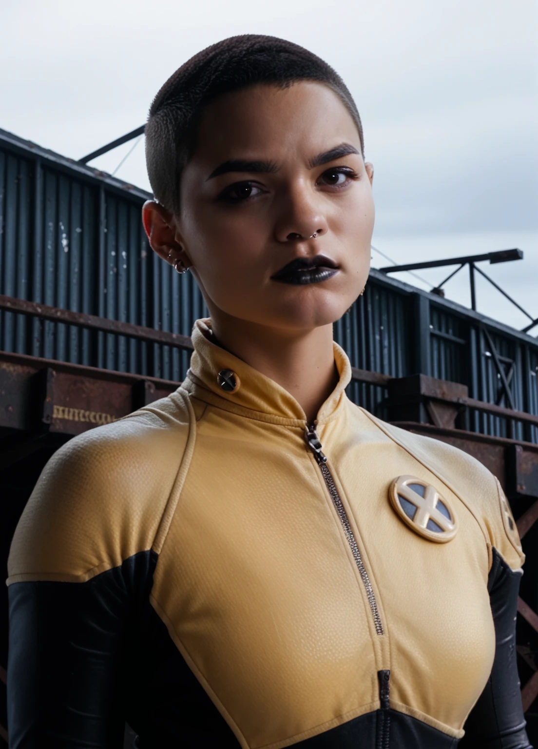 1girl, solo, black lipstick, earrings, portrait, buzz cut, yellow bodysuit, piercings <lora:Negasonic:0.8> n3gasonic, looking at the viewer, score_9, score_8_up, score_7_up, score_6_up