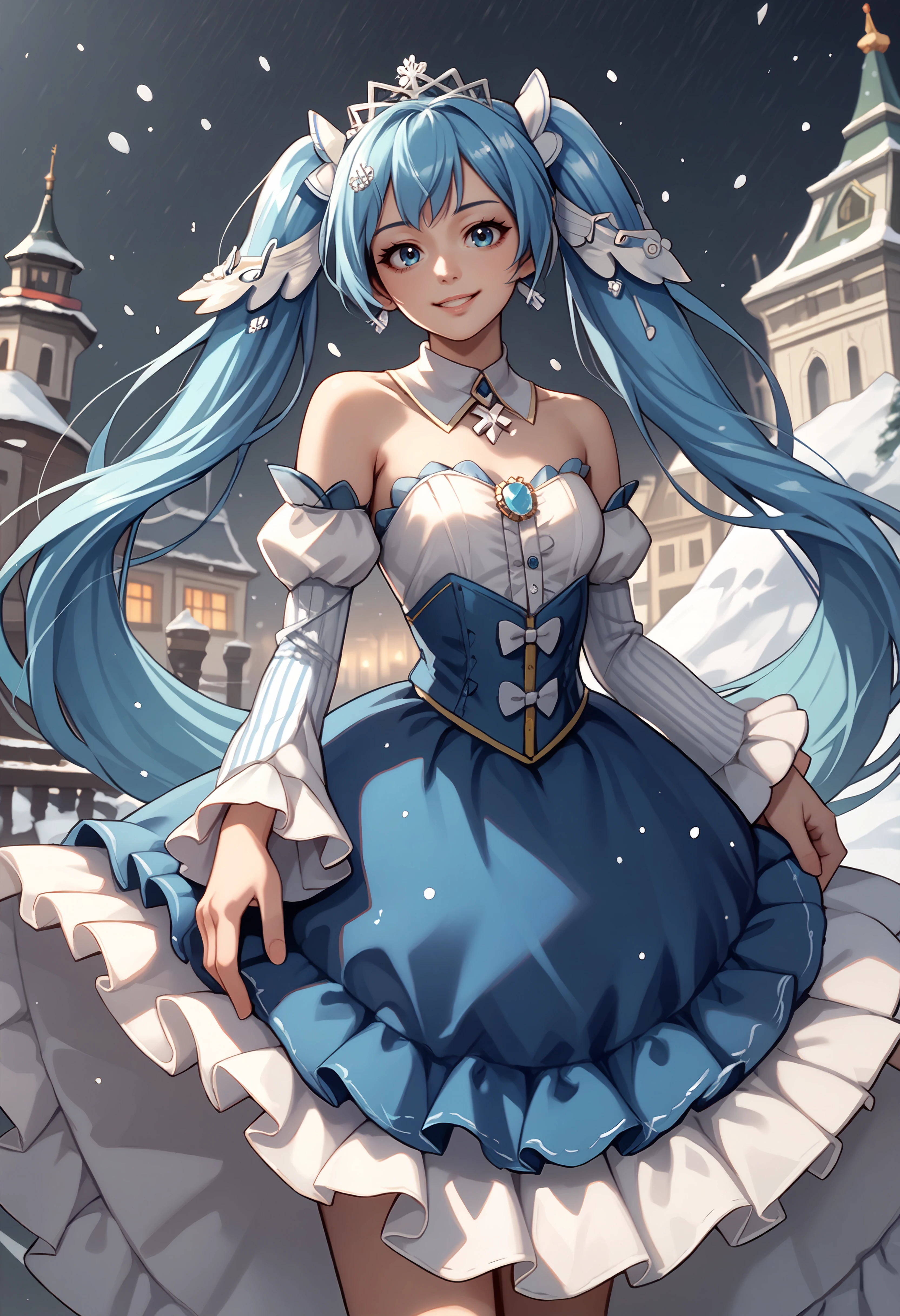 score_9, score_8_up, score_7_up, source_anime BREAK solo, 1girl, yukimiku2019, smile, looking at viewer, standing, blue hair, twintails, musical note hair ornament, snowflake hair ornament, tiara, blue dress, strapless dress, frilled dress, detached collar, long sleeves, white sleeves, detached sleeves, juliet sleeves, striped sleeves, earrings, bare shoulders, snowing, outdoors <lora:vocaloid_yukimiku2019_ponyXL-000008:0.8>