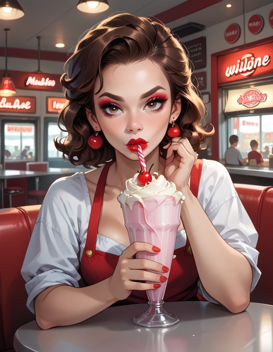 Young girl, 40s fashion appearance, in style of digital illustration, pinup art, lois van rossdraws, artstyle : ilya kuvshinov, deviantart artstation cgscosiety, stunning digital illustration, soda themed girl, beautiful retro art, jen bartel, milkshake, matte digital illustration, glossy digital painting, ((curvy body))