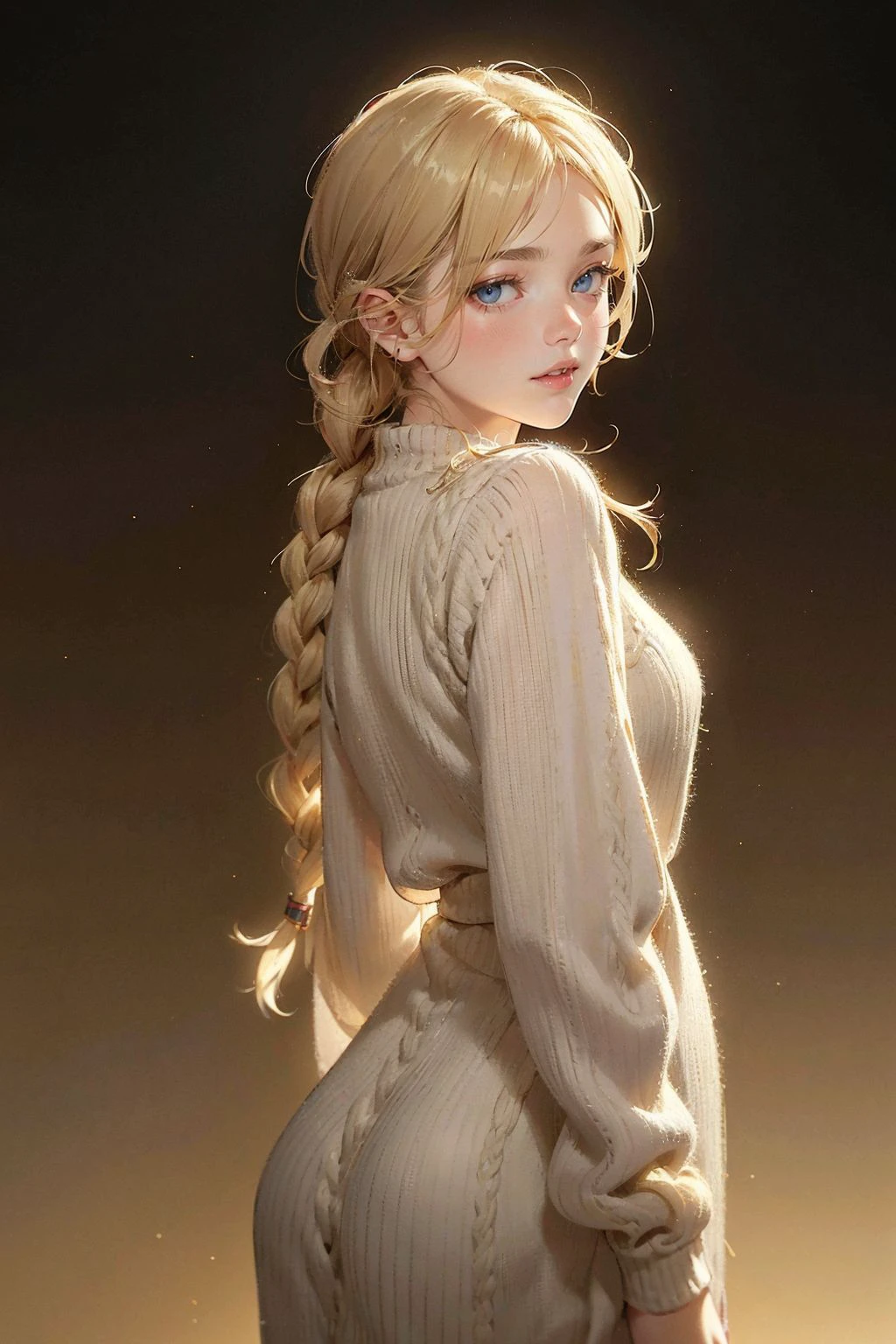 side profile portrait of OliviaB, a gorgeous woman, wearing a (knit sweater:1.1), (((blonde hair))), (((twin braid))) (((smiling))),(4k, RAW photo, best quality, depth of field, ultra high res:1.1),(absurdres, intricate, photorealistic, masterpiece, ultra-detailed:1.1),