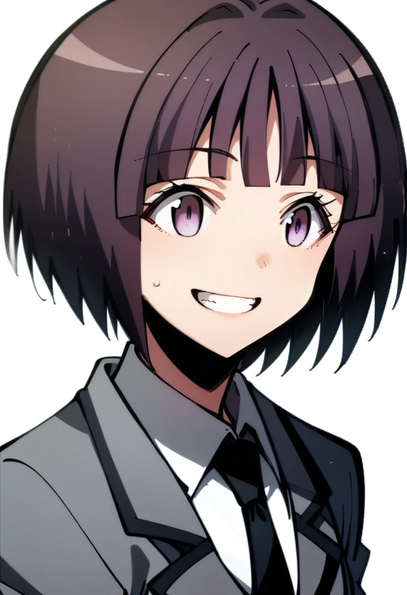 score_9,score_8_up,score_7_up,score_anime,2d,front view,portrait,1girl,<lora:Yuzuki-Fuwa_v2:1>,Yuzuki Fuwa,purple eyes,purple hair,bob cut,
grin,
gray jacket,black necktie,collared shirt,white shirt,necktie,white_background,