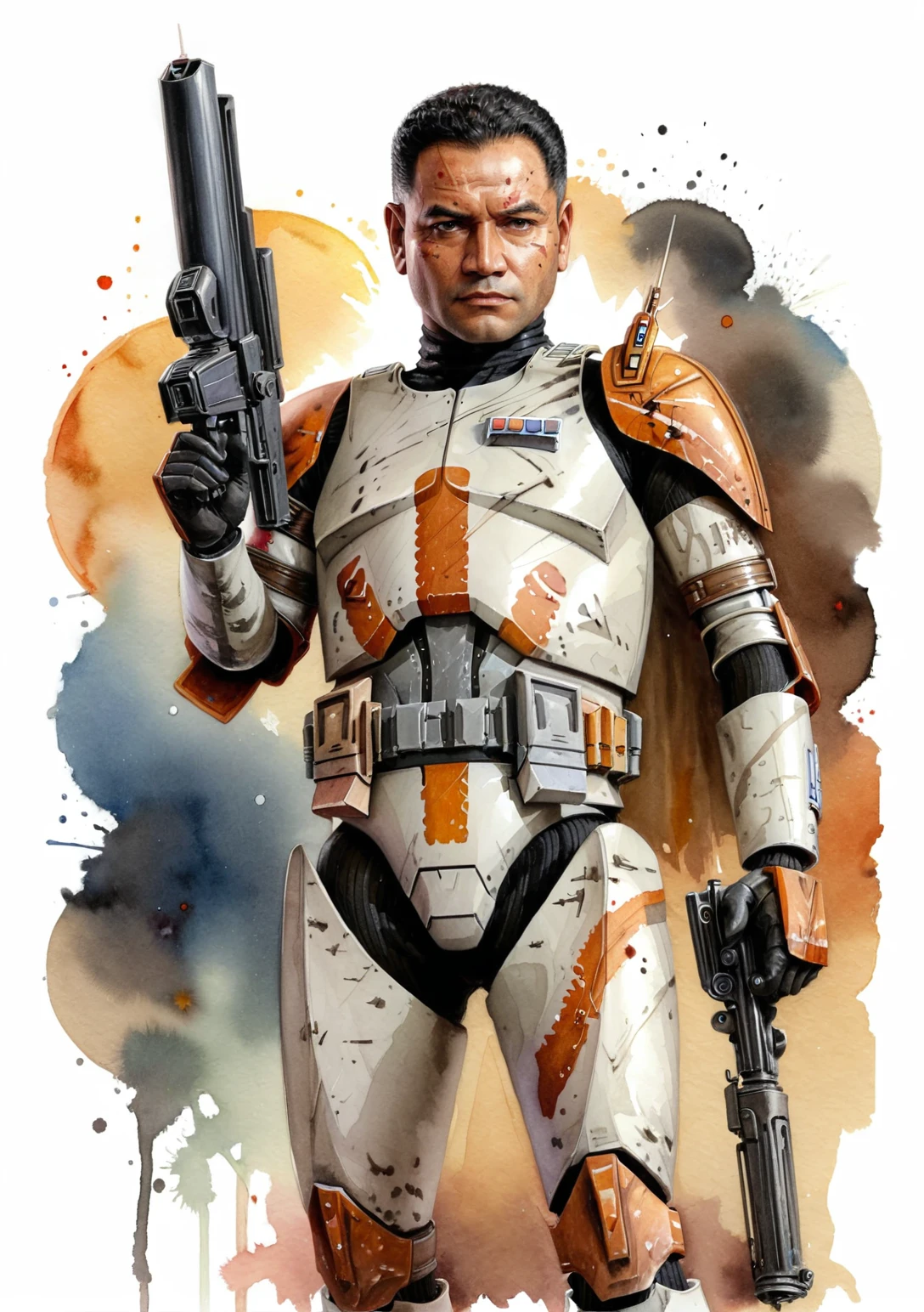 (full body:1.5) watercolor old book style ink illustration of <lora:Clone_Trooper_Cody:1> Clone Trooper Cody portrayed by Temuera Morrison, holding a blaster rifle, his face has a serious expression, skin pores, short black hairstyle, pose inspired by Boris Vallejo, brushwork echoing Carne Griffiths, realistic, lifelike, (on parchment, ink splashes, ink stains, ink smears, faded ink:1.3), (futuristic:1.5), futuristic desert background, galaxy, lucasfilms, glass, sun, in the clouds, fractals, sunrise, moody tones, vivid watercolor, mentixis, linquivera, movie poster, star wars vibes, (watercolor style with strong washes:1.2), <lora:watercolor:1.4> watercolor, <lora:ral-wtrclr:0.4> ral-wtrclr