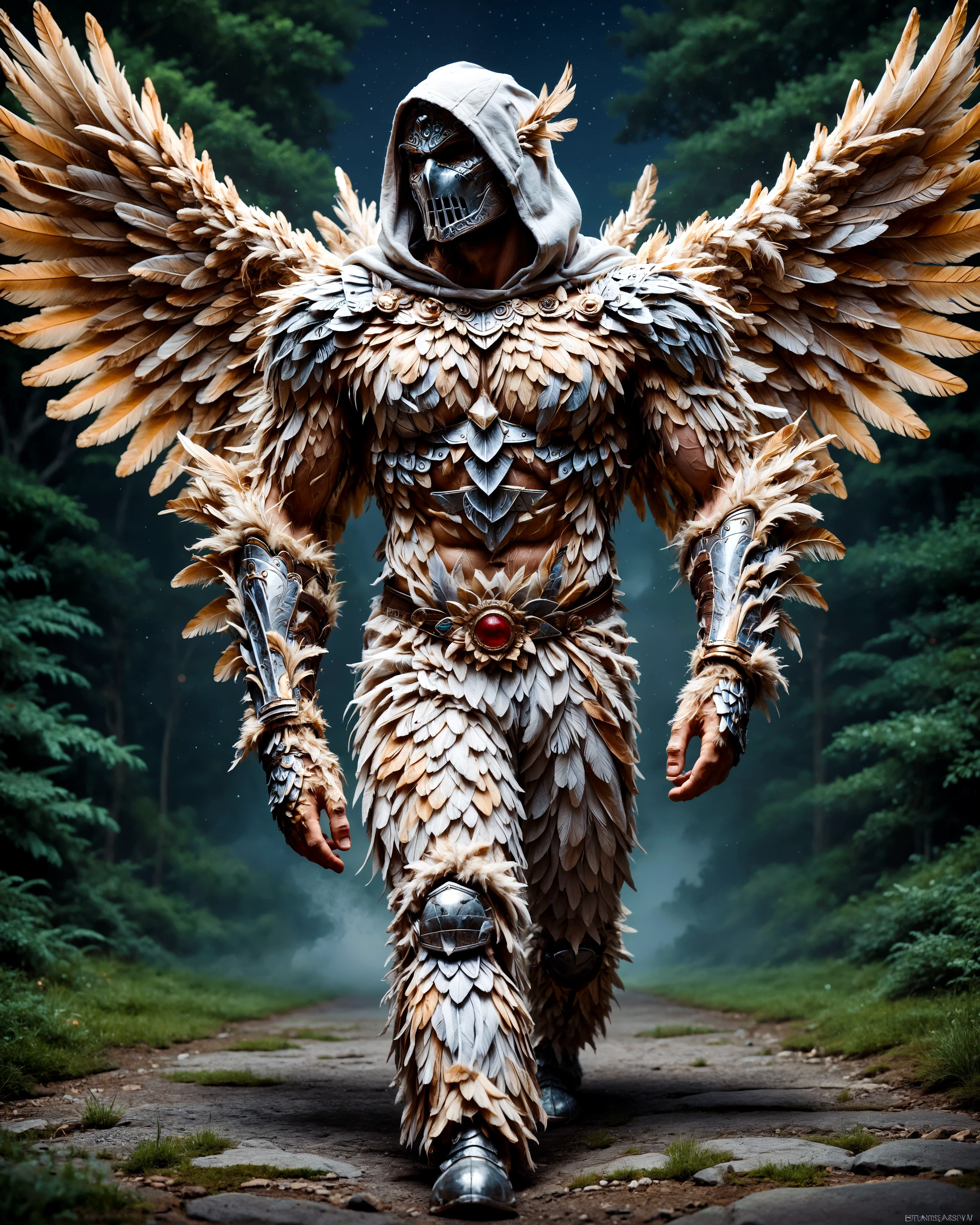 score_9, score_8_up, score_7_up,

f347h3r5, muscular angel with impressive wings is made entirely of colorful feathers, sharp detail, angry, braced fists, hood on the face, aggressiv, walking, armor,

night,