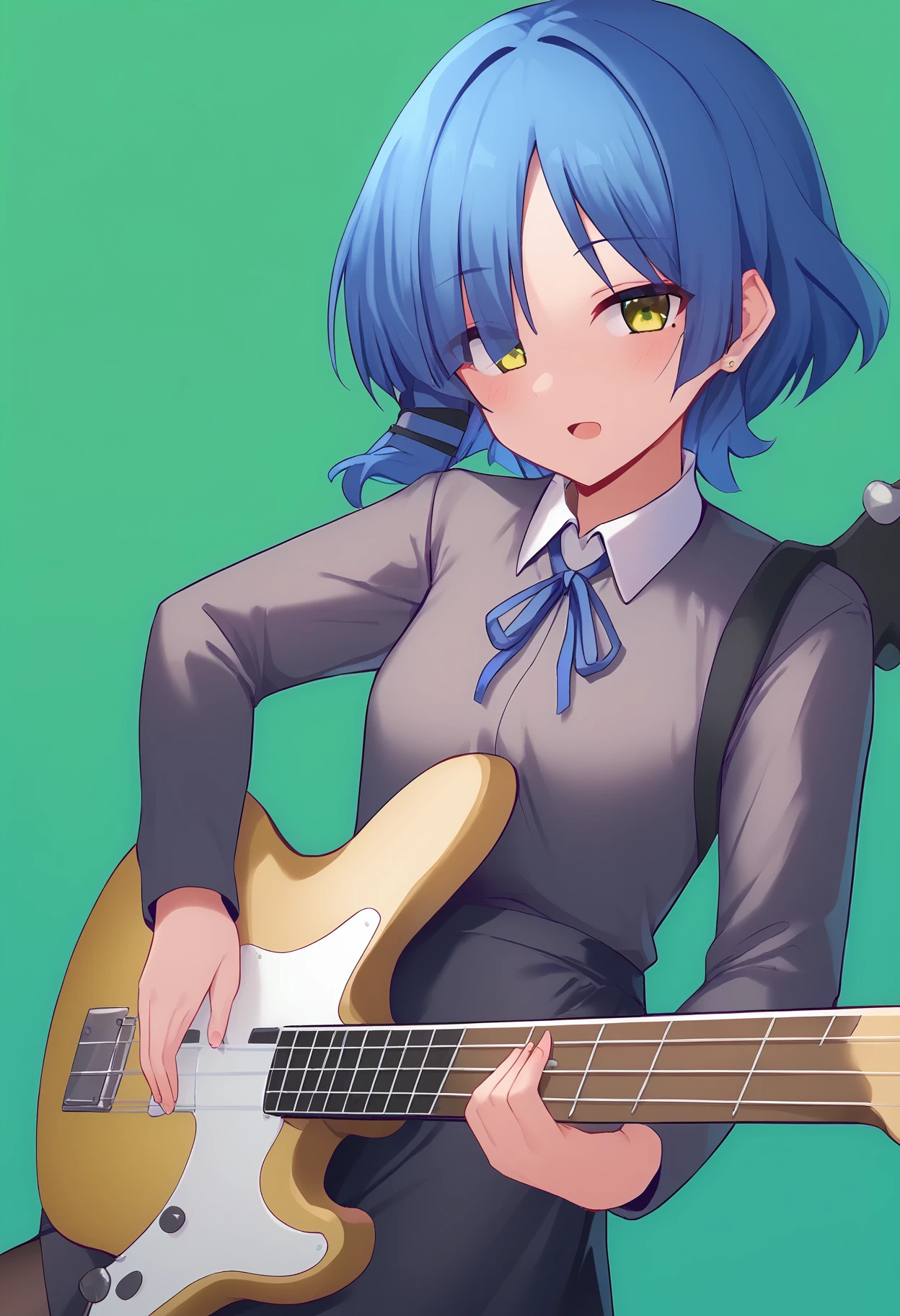 1girl,
yamada ryo,
mole under eye, :o, neck ribbon, green background, collared shirt, shirt tucked in, ribbon, black skirt, green eyes, short hair, simple background, open mouth, fender precision bass, hairclip, jewelry, long sleeves, bass guitar, hair ornament, holding, shirt, solo, instrument, blush, mole, skirt, yellow eyes, holding instrument, blue hair, blue ribbon, pantyhose, looking at viewer, earrings,
score_9, sfw
<lora:pony_char_yamada_ryo-000011:1>