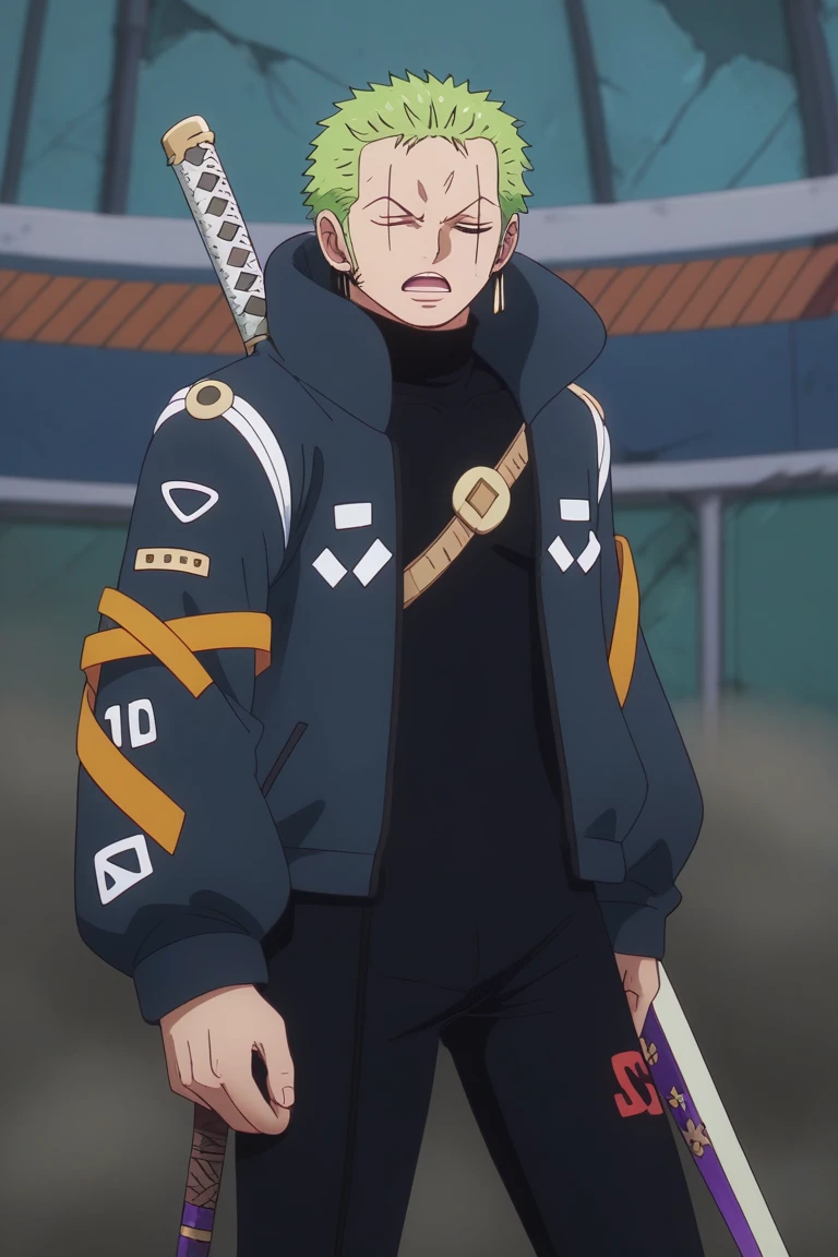 score_9, score_8_up, score_7_up, score_6_up, detailed, intricate details, highres, absurdres ,source_anime, cowboy shot, zoro_eh, green hair, grey   eyes, scar, black   bodysuit, jacket, male focus, 1boy, scar across eye, solo, sword, weapon, one eye closed, short hair, open mouth, scar on face, parody, sweat<lora:EMS-429821-EMS:1.000000>