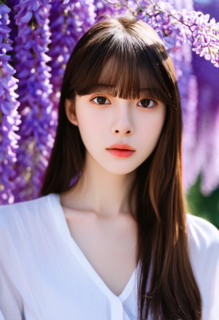 photorealistic, black eyes,  1girl, solo, long hair, looking at viewer, bangs, brown hair, shirt, black hair, brown eyes, upper body, flower, blurry, lips, blurry background, traditional media, realistic, purple flower, wisteria, detailed background, film photography aesthetic, film grain, analog photography,