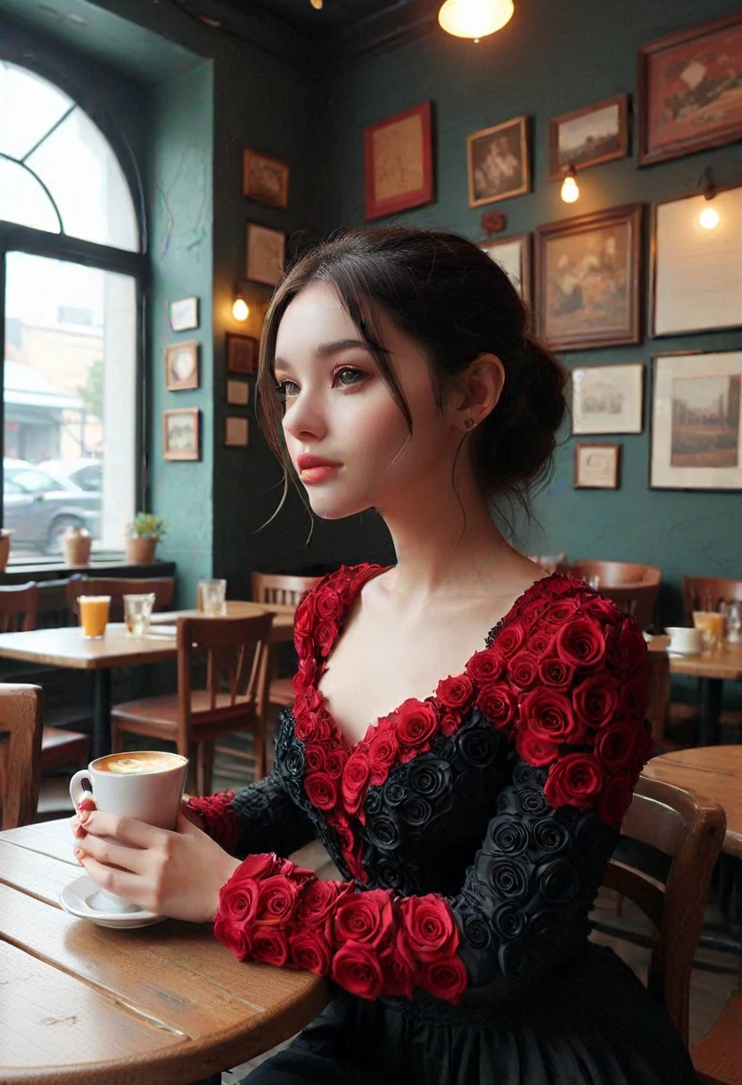 (medium full shot of a woman BL4CKR3DR0S3S), located in a cafe, ,Masterpiece,best quality, photo, realistic, very aesthetic