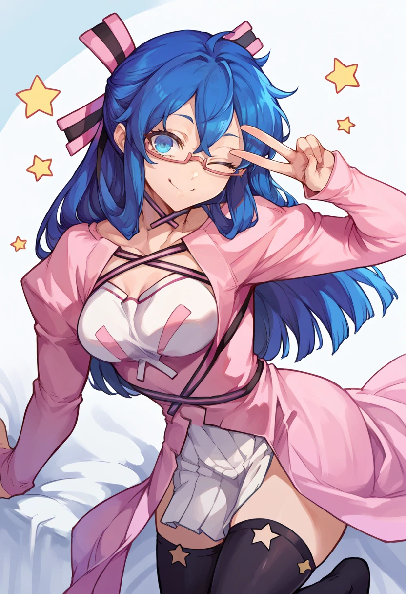 score_9, score_8_up, score_7_up, source_anime, BREAK, solo, 1girl, looking at viewer, smile, <lora:Midori-pdxl_Fp:1>, midoridesu, blue eyes, blue hair, long hair, glasses, hair ribbon, pink dress, black thighhighs, long sleeves, star \(symbol\), v, one eye closed,