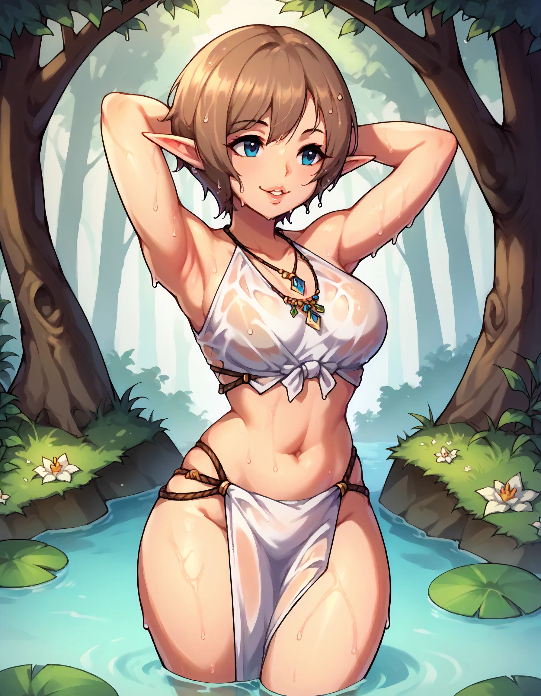 score_9,score_8_up,score_7_up,1girl,solo,looking away,smile,parted lips,arms behind head,forest,elf,water,wet,
<lora:manakamisato_ponyXLV6:0.8>,cgmms,brown hair,short hair,blue eyes,
necklace,halter shirt,navel,white pelvic curtain,(skinny:0.6)