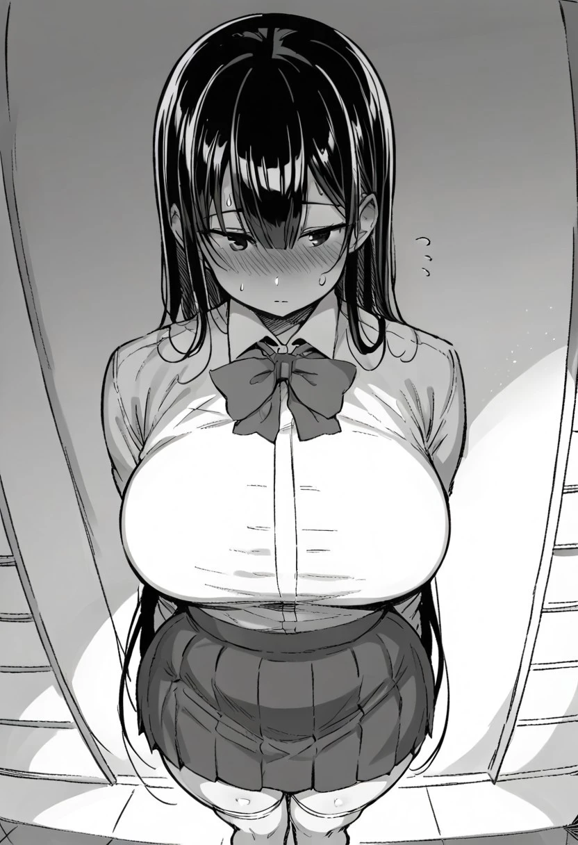 a woman, small face, oval shaped head, with a wide forehead and soft cheeks that taper towards the chin. small eyes, Brown eyes, round glasses, black fur, long braids, a very important bangs, straight bangs that cover the forehead, cut evenly, BROWN SKIN, huge breasts, slim and well developed body, Wide hips, freckles in the face, flirtatious expression, flirtatious smile, nerd, touch sexually, a small, very tight white dress shirt, Skirt, Long black stockings, small legs, tight clothes, hardened nipples, in an empty school, sitting at a desk, sunlight, legs open, showing her underwear, flirtatious, front view, looking down