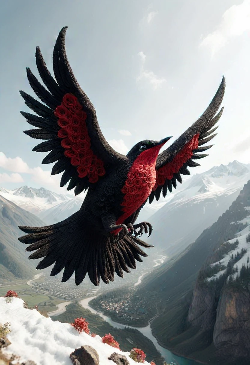 (medium full shot) of bird BL4CKR3DR0S3S, located in a majestic mountain, with snow-capped peaks, rugged terrain, soaring birds, a breathtaking view, ,Masterpiece,best quality, photo, realistic, very aesthetic