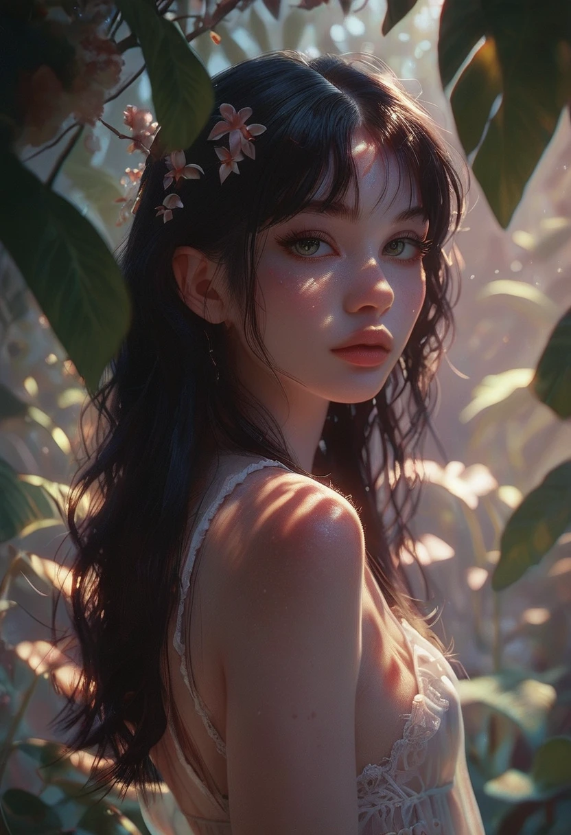 score_9, score_8_up, score_7_up, score_6_up, NEOST, 1girl, beautiful, long black hair, pale skin, small breasts, The catalyst, dark forest, dappled sunlight, upper body, looking at viewer