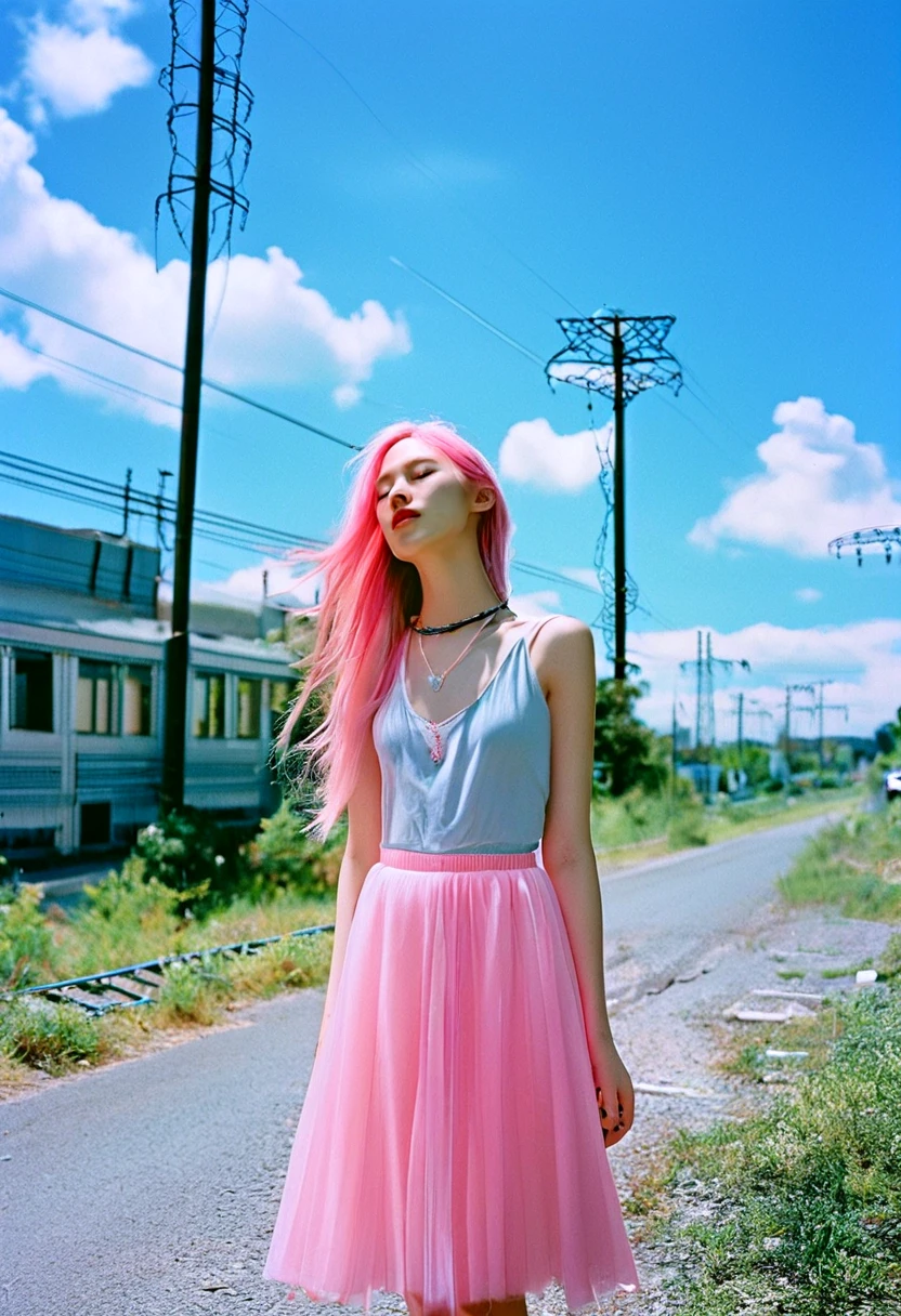 photorealistic, black eyes,  1girl, solo, long hair, skirt, dress, jewelry, closed eyes, pink hair, outdoors, sky, day, cloud, necklace, blue sky, see-through, building, realistic, road, power lines, street, utility pole, railroad tracks, detailed background, film photography aesthetic, film grain, analog photography,