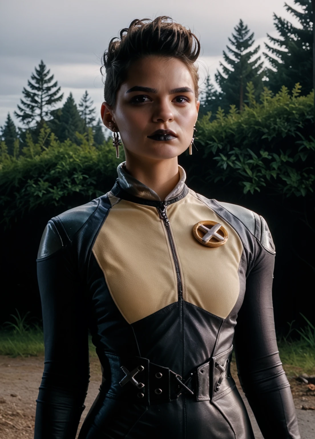 1girl, solo, black lipstick, earrings, portrait, dp2, day light, outdoors<lora:Negasonic:0.8> n3gasonic, looking at the viewer, score_9, score_8_up, score_7_up, score_6_up