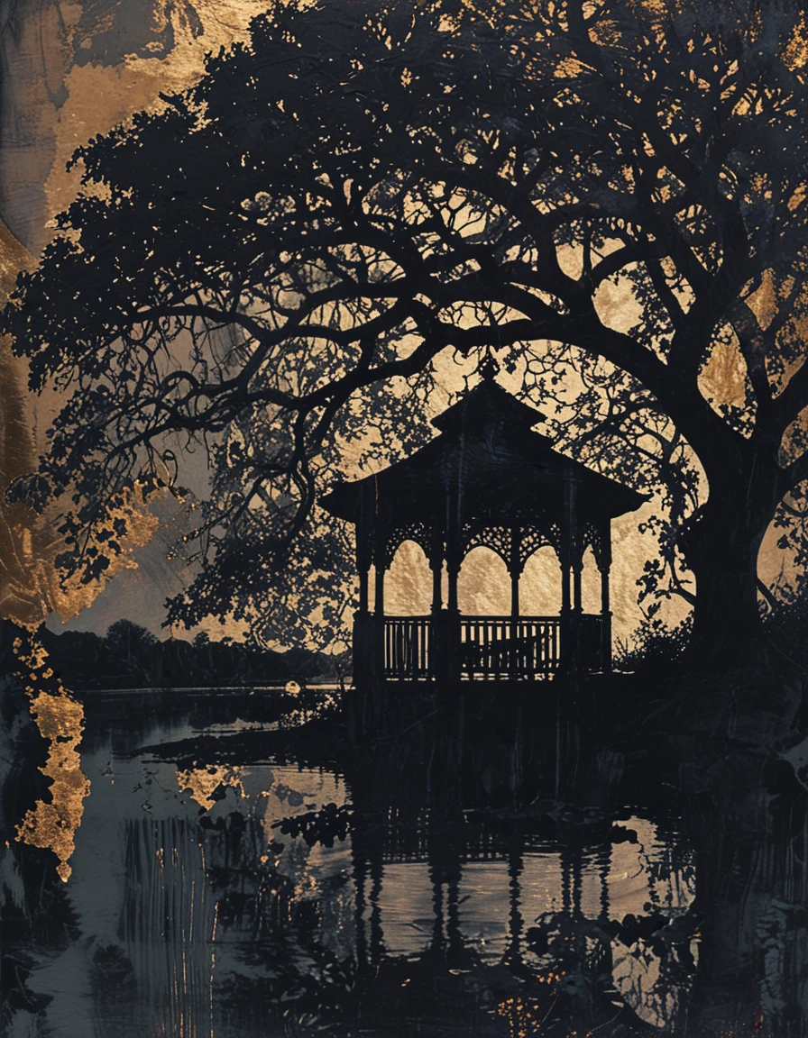 gazebo covered in vines next to a will tree and water silhouette with gold foil  <lora:novuschroma27 style:1.4> novuschroma27