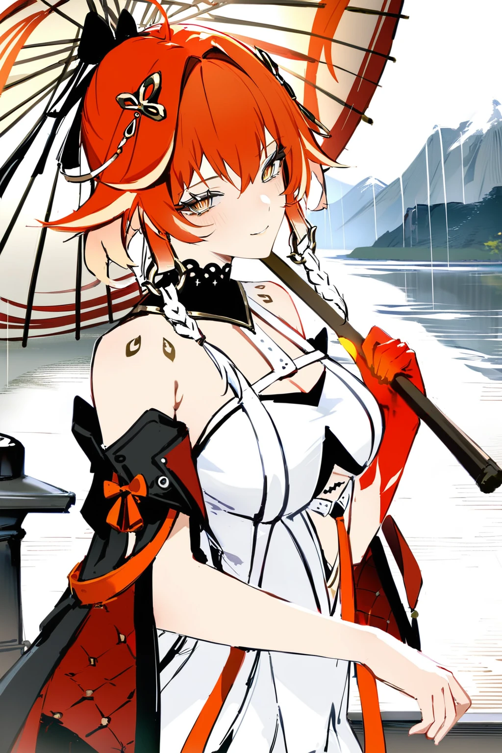 1girl, solo,
changlidress, tacetmark, changli, golden hair_ornament, multicolored_hair, twin_braids, red gloves, single_glove , smile, holding, holding umbrella, oil-paper_umbrella, raining, river, boat, ferry, mountain
white background
, masterpiece, newest
<lora:XL_Support_Fixhands_anime_bdsqlsz_V1:1.0><lora:ChangliXLV1-000009:1.0>