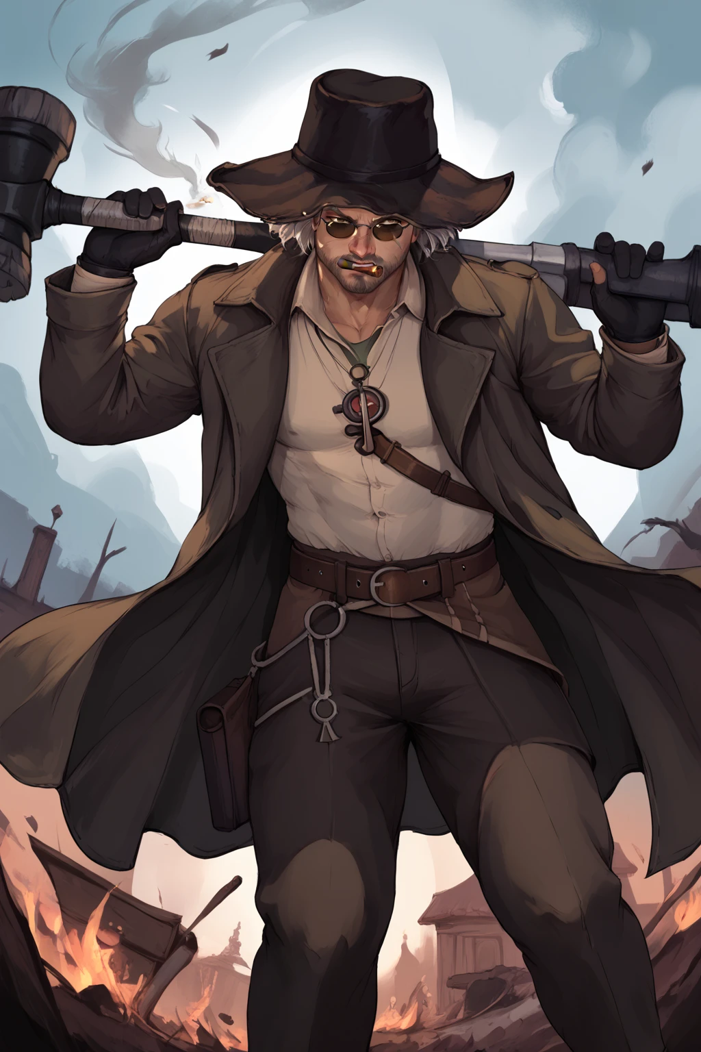 score_9, score_8_up, score_7_up, masterpiece, high quality, BREAK
 <lora:Karl HeisenbergPonyLoRA:0.8>krlheinbrg, long hair, beard, hat, necklace, scar, sunglasses, open coat, collared shirt, gloves, bandolier, belt, pants,cigar, holding hammer, fighting stynce, battle, angry, dark woods