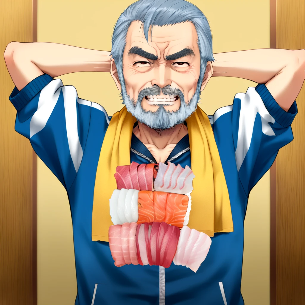 <lora:sashimi_SDXL:0.7>,
grey_hair, male_focus, thick_eyebrows, beard, mustache, manly, animification, old_man, sushi locket, sashimi dog_tag, evil grin blue_T_tracksuit, mature beard thin old man, isaku, shuusaku, kisaku, arms behind head, yellow neckerchief towel on neck