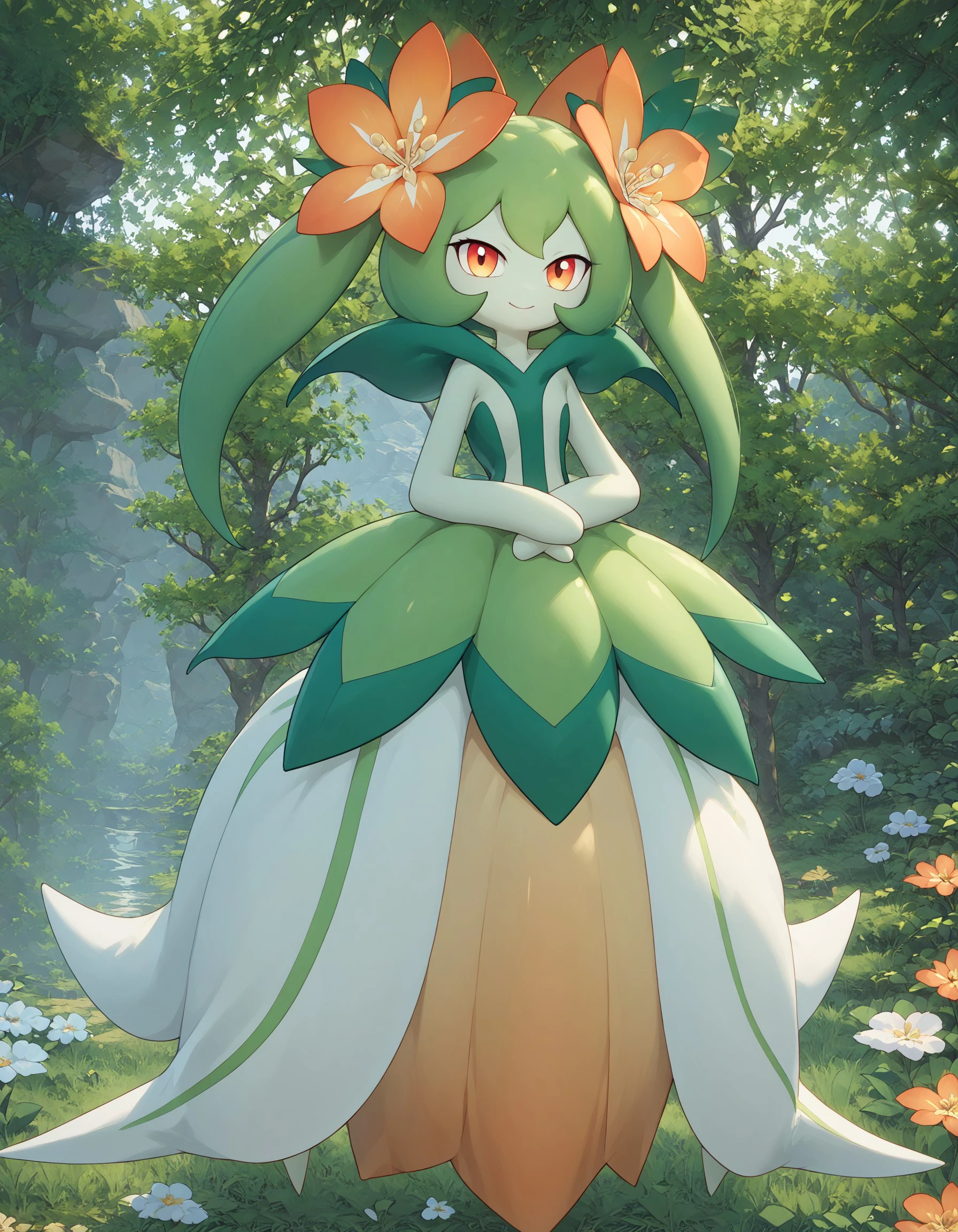 score_9, score_8_up, score_7_up, Lyleen, pokemon \(creature\), (solo), full body, looking at viewer, nature, flowers, twintails, dress, smile, <lora:cefaa866-a58e-40ba-a219-79ab392f7d60:1.0>, <lora:7ec47181-66fd-458d-94ca-dd9d4ce04993:0.8>, <lora:bade12a5-57c3-47ac-86af-723ba1ed744e:1.0>