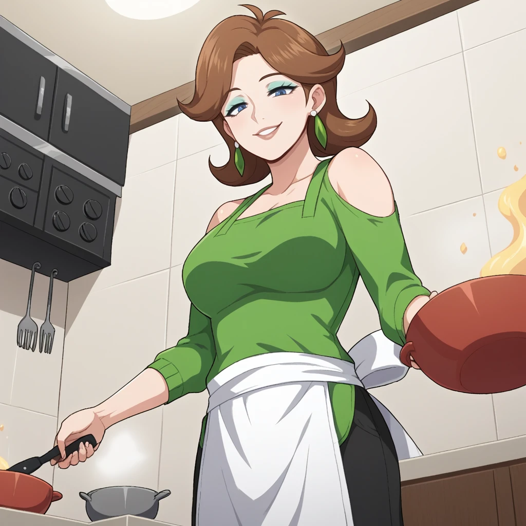 score_9, score_8_up, score_7_up, score_6_up, score_5_up, score_4_up, zPDXL2,source_anime,rating_questionable,  1girl, solo,green shirt, shoulder cutout, white apron, kitchen, cooking, pot of soup,steam, large soup pot, low angle, smile  <lora:Honey_-_Pokemon_SWSH:0.8> honey_pkmn, 1girl,blue eyes, jewelry, brown hair, earrings, flipped hair, makeup, mature woman