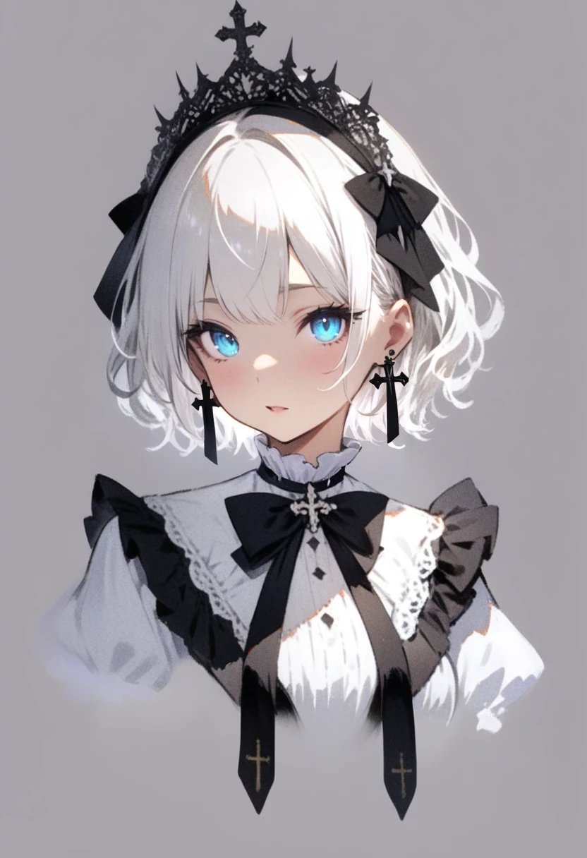 masterpiece, best quality, <lora:RECXL_ANI31_lokr_V43P1NF:0.95>  1girl, solo, blue eyes, earrings, jewelry, white background, black bow, white hair, upper body, short hair, bow, simple background, parted lips, looking at viewer, cropped torso, bowtie, black bowtie, white shirt, cross, shirt, weapon, ribbon, frills, tiara, cross earrings, black ribbon, crown