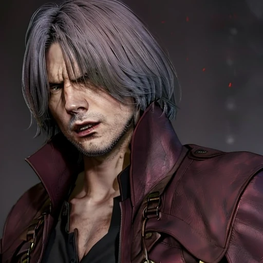 maroon coat, subtle rage <lora:DreamWarrior_Dante_v1:1>, photorealistic