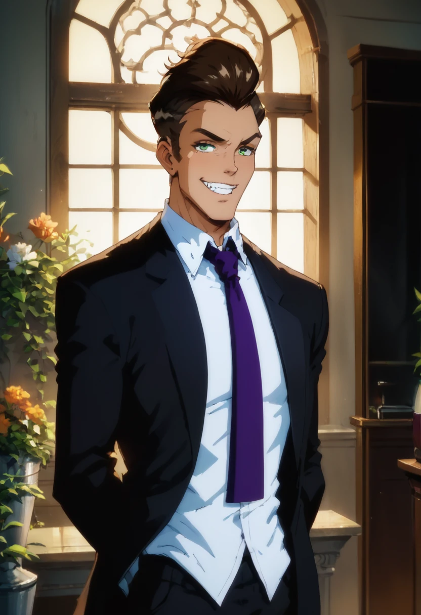 embedding:Pony\Positive\zPDXL2, score_9, score_8_up, score_7_up, 1boy, tad_ts!, green eyes, brown hair, slicked back hair, formal, black suit, purple tie, grin, elegant style, adjust tie, adjust clothes, look at viewer