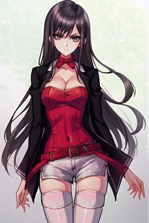 zhu zhuqing,long hair, black hair,cleavage, black jacket, red strapless dress,white shorts,thigh highs,standing,looking at viewer,cowboy shot<lora:Zhu_Zhuqing_-_Douluo_Dalu_I_Manhua:1>