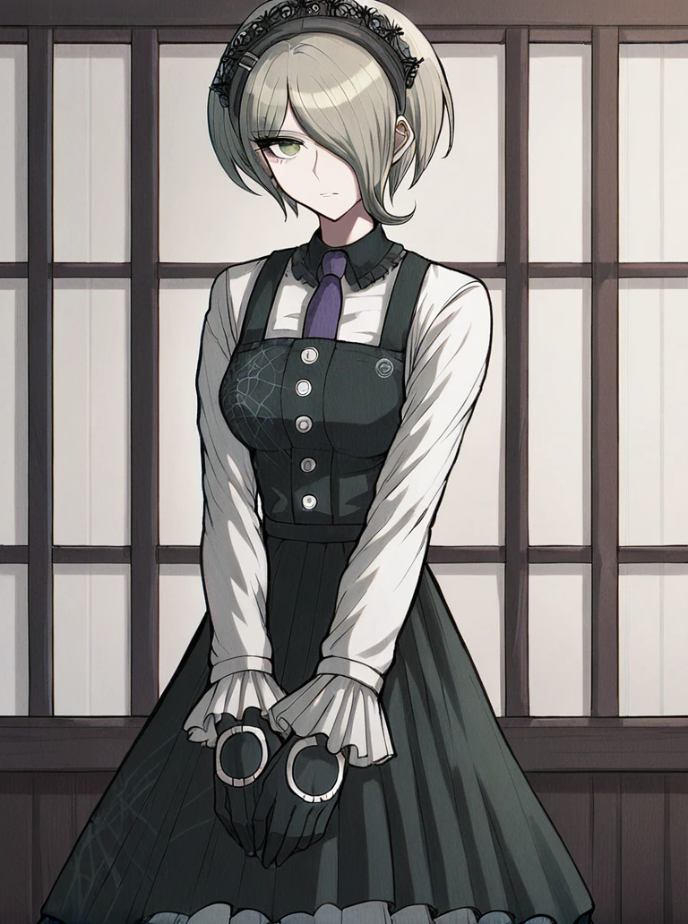 score_9, score_8_up, score_7_up, 
1girl, tojo kirumi, grey hair, hair over one eyes, short hair, green eyes,
maid headdress,
looking at viewer, arms together, expressionless, standing, indoors,

long sleeves, pinafore, purple necktie, long skirt, black gloves, 

