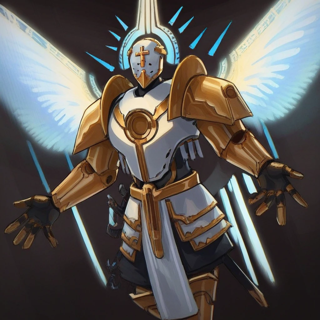 swords, angelic, Gabriel, wings, helmet, cross, gold and white armor, robot, angel