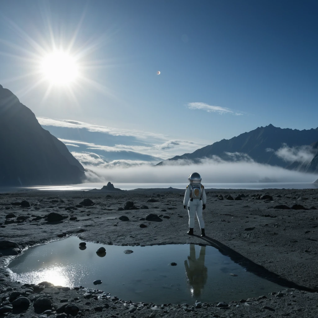 photo of an alien wearing space suite looking closely at the wiever at an angle, Background: spaceship on a planet far from sun. misty lagoon with methane lake, methane fog, small rising sun beyond the mountains, thick grey atmosphere, unrealistic view of extraterrestrial landscape, masterpiece