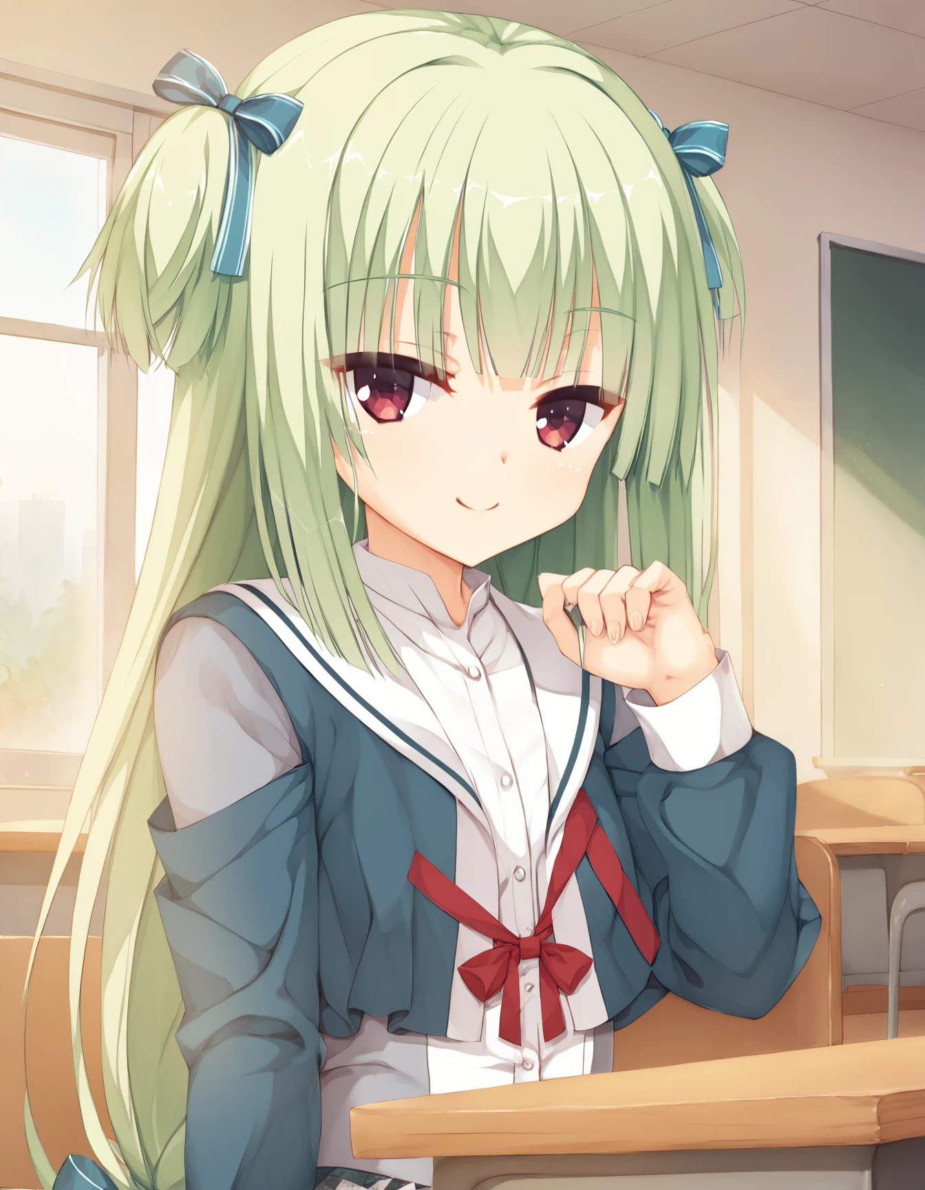 (score_9,score_8_up,score_7_up),source_anime,best quality,masterpiece,
1girl,solo,
indoors,classroom,smile,looking at viewer,looking down,sitting,
murasame,yuzu-soft,green_hair,very_long_hair,red_eyes,sidelocks,blunt_bangs,blunt_ends,hime_cut,flat_chest,
murasame_school_uniform,school_uniform,two_side_up,low-tied_long_hair,hair_bow,blue_bow,white_ribbon,white_sailor_collar,blue_jacket,cropped_jacket,detached_sleeves,red_ribbon,shirt,white_shirt,long_sleeves,skirt,blue_skirt,frilled_skirt,