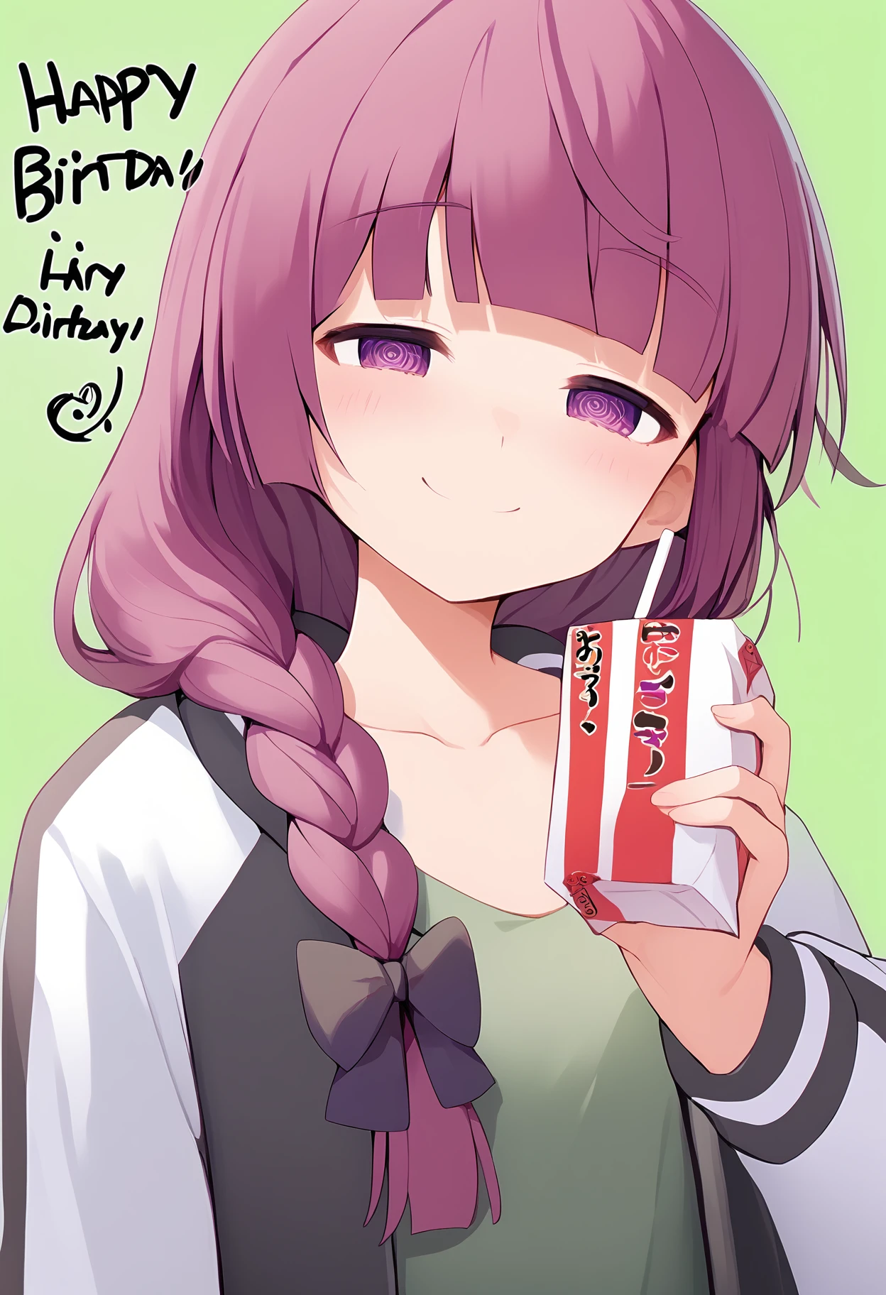1girl,
hiroi kikuri,
single braid, happy birthday, collarbone, ringed eyes, blunt bangs, long sleeves, closed eyes, hair bow, smile, braided ponytail, multicolored jacket, drinking straw, character name, black jacket, upper body, facing viewer, juice box, braid, jacket, holding, blush, multicolored clothes, holding carton, hair over shoulder, closed mouth, long hair, hand up, purple eyes, dress, green background, white jacket, green dress, bow, purple hair, black bow, looking at viewer, two-tone jacket, solo,
score_9, sfw
<lora:pony_char_hiroi_kikuri-000019:1>