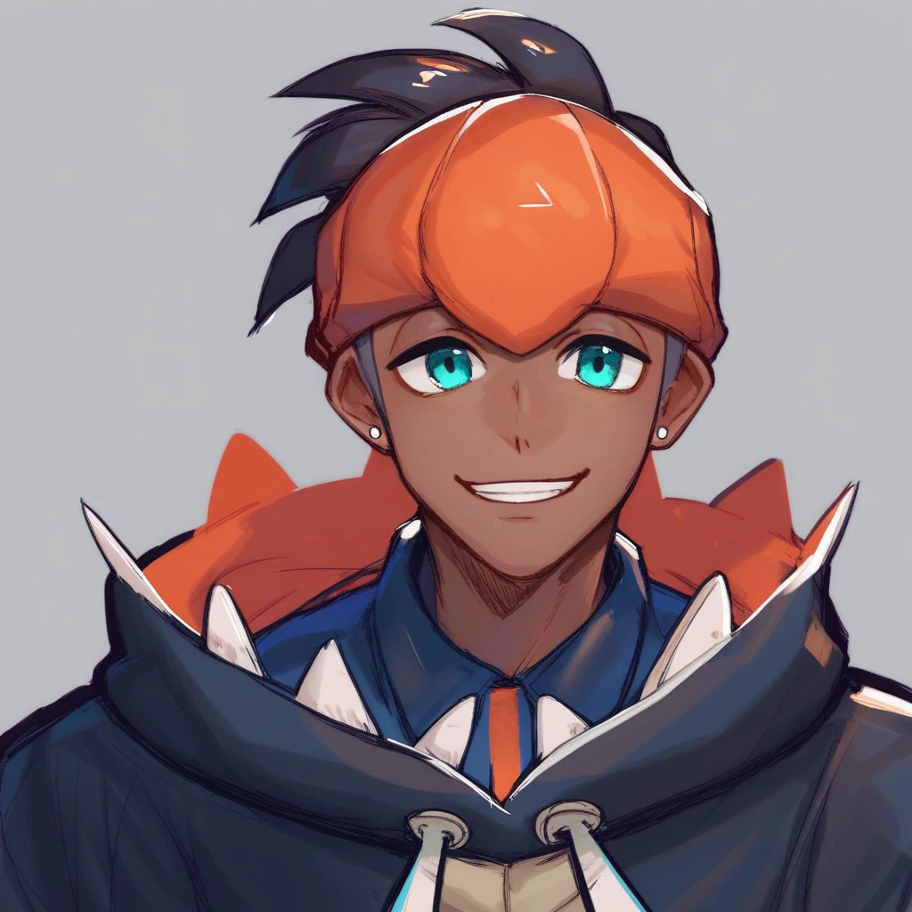 score_9, score_8_up, score_7_up, score_6_up, score_5_up, score_4_up, 1boy, raihanss, solo, portrait, smile, looking at viewer, dark-skinned male, dark skin, short hair, undercut, aqua eyes, orange headwear, orange headband, headband, earrings, jewelry, black hoodie, hoodie, hood down, collared shirt, shirt,