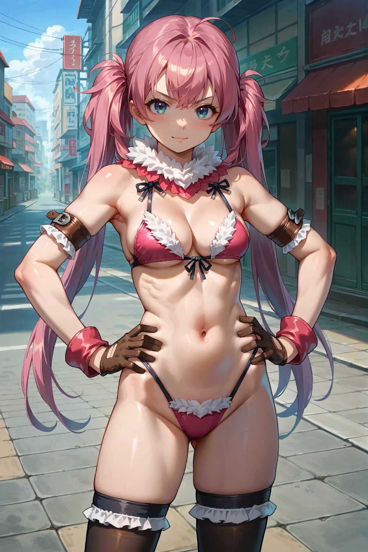 score_9,score_8_up,score_7_up, source_anime, Standing with hands on hips, cute, confident expression, <lora:Kagura_Onechanbara_Z2:0.7> 1girl, solo, long hair, pink hair, bikini, breasts, twintails, gloves, thighhighs, looking at viewer, street, half body shot