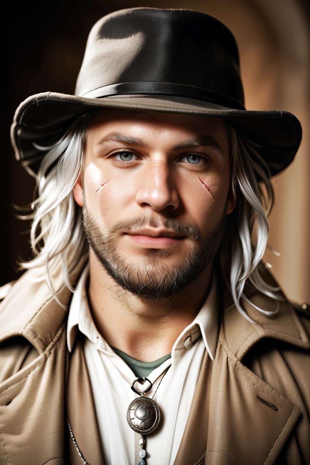 score_9, score_8_up, score_7_up, masterpiece, high quality, BREAK
 <lora:Karl HeisenbergPonyLoRA:0.8>krlheinbrg, long hair, beard, hat, necklace, scar, open coat, collared shirt, gloves, portrait, middle aged man, 50 years, light grey hair