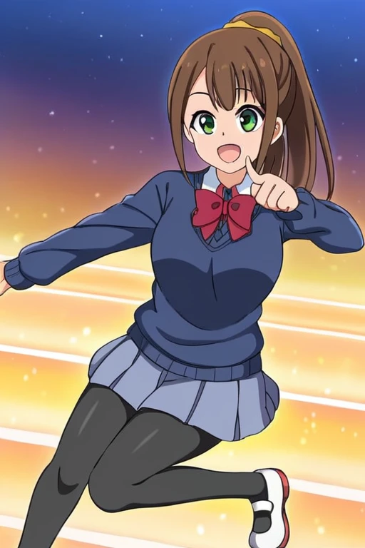 <lora:HonshouAru:0.7> HonshouAru, 1girl, solo, smile, looking at viewer, white collared shirt, pleated skirt, black_ leggings, sitting, 8k, highly detailed, ponytail, blue sweater, red bowtie,  t-pose, open mouth,