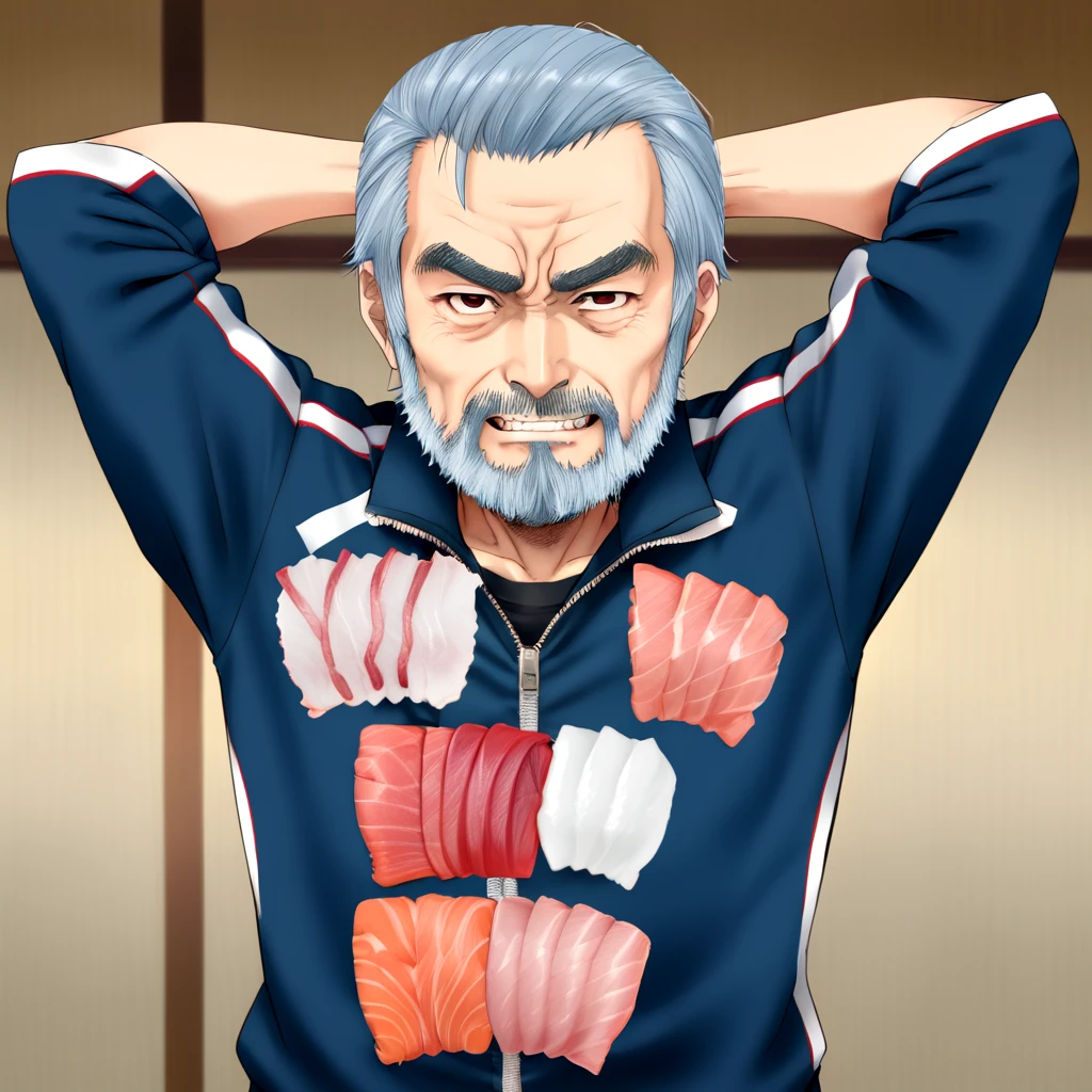 <lora:sashimi_SDXL:0.7>,
grey_hair, male_focus, thick_eyebrows, beard, mustache, manly, animification, old_man, sushi locket, sashimi dog_tag, evil grin blue_T_tracksuit, mature beard thin old man, isaku, shuusaku, kisaku, arms behind head