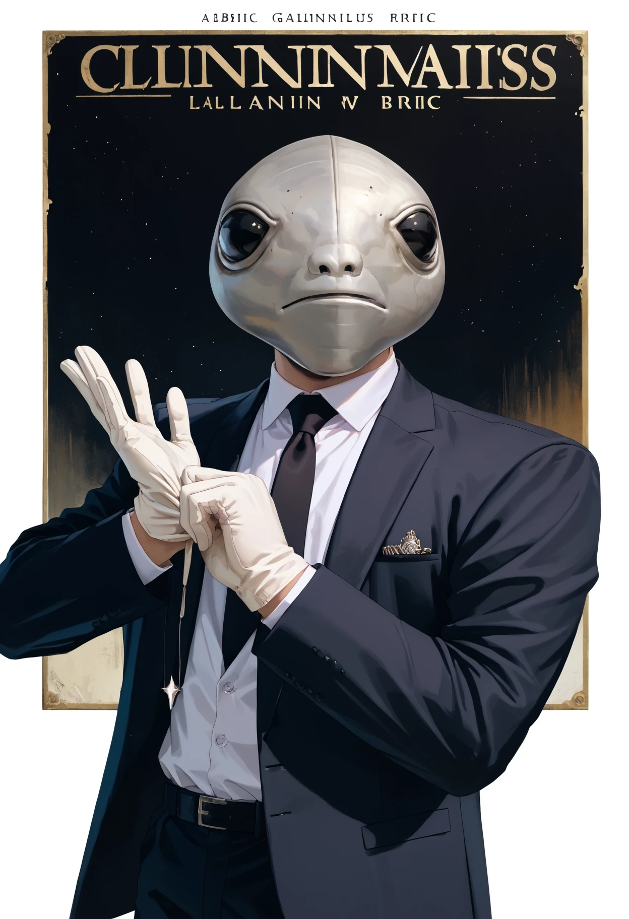 score_9, score_8_up, score_7_up, 1boy, formal suit, upper body, black blazer, white shirt, collared shirt, black tie, looking up, albinauric_mask, political campaign posters, standing proudly, illumination, spot light,
enhancement, <lora:ryth-albinauric-mask:1>,  <lora:AdjustingGloves_XLPD:1> adjusting clothes, adjusting gloves, black gloves,